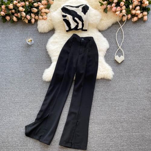 SINGREINY Women Summer Fashion Korean Set Sexy Off Shoulder Slim Print Strapless Top+High Waist Split Long Pants Two Piece Suits