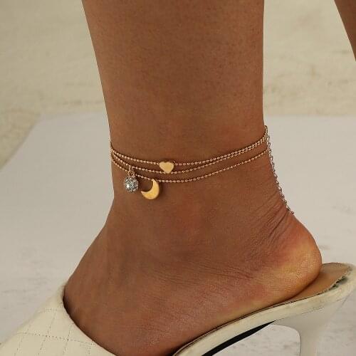 Stillgirl 3Pcs Vintage Cubic Zirconia Gold Chain Heart Anklet Bracelet for Women Kpop Boho Moon Female Sandalias Fashion Jewelry