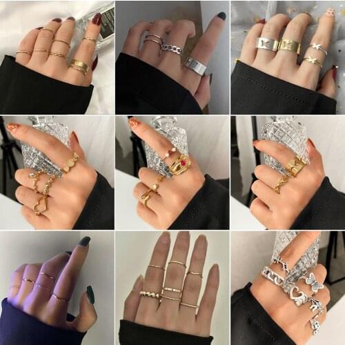 Vienkim Bohemian Gold Butterfly Rings Set For Women Girls Pearl Resin Flower Cross Chain Finger Rings Jewelry Party Accessories