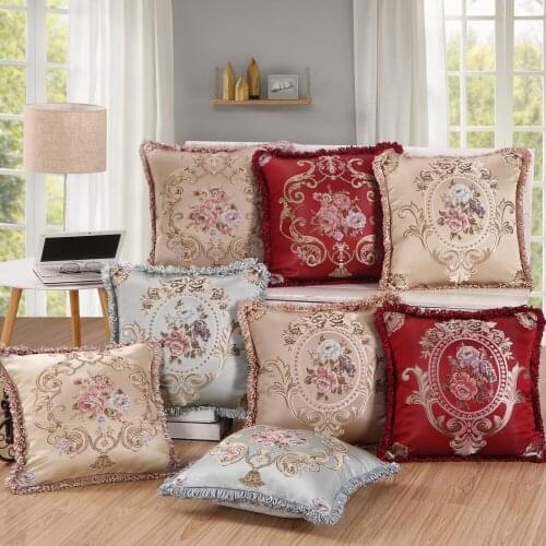 European Vintage Jacquard Pillow Case Cushion Cover Soft Home Decorative Pillow Cover 48x48cm Red Ivory Brown Tassels