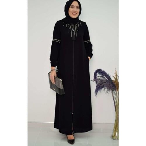 Ferace Embroidered Black Zipper Long Baggy Muslim Women Style Crepe Fabric