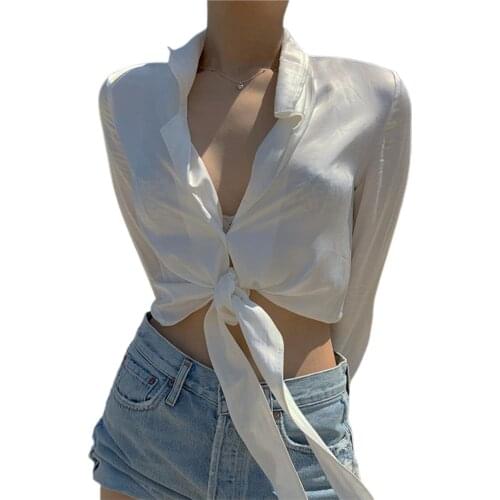 Ladies Elegant Casual White Shirt 2021 Fashion Women Long Sleeve Turn-Down Collar Bandage Solid Blouses Holiday Cardigan Tops