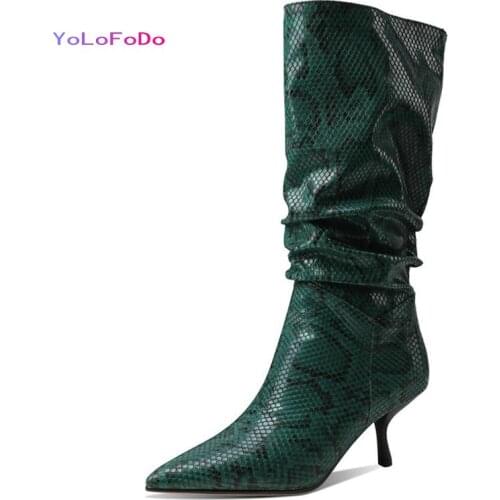 Green Brown Pink Women Mid Calf Boots Fashion Pointed Toe Strange Style Heel Ladies Short Boots Slip on Pleated Womens Boots