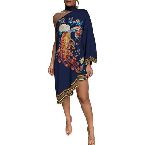 Plus size dress apparel Women Fashion Choker Peacock Print One Shoulder Irregular Ruffled Hem Dress 2021 Summer Dresses Vestidos