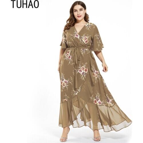 TUHAO 2020 Plus Size 5XL 4XL 3XL Womens Printed Chiffon Fashion Split Irregular Dress Vintage Bohemian Beach Dresses for Mom WM