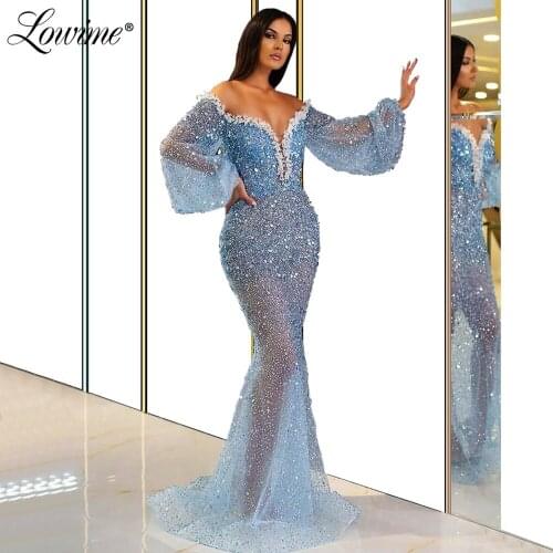 Blue Beaded Off The Shoulder Evening Dresses Mermaid Applique Party Gowns 2020 Dubai Arabic Sequins Prom Dress Robe De Soiree