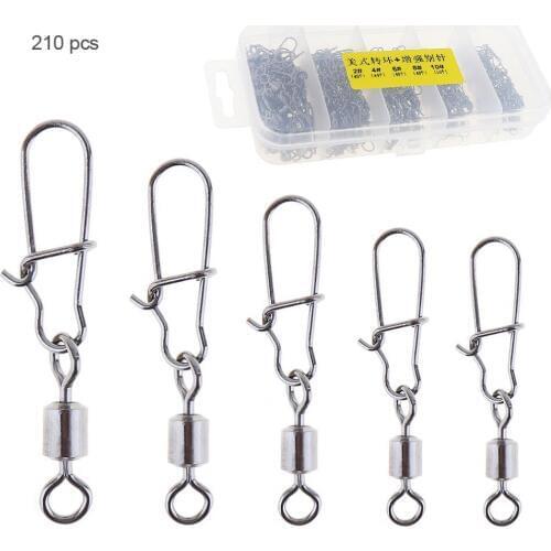 210Pcs Mixture Stainless Steel Fishing Swivel Snap Ball Bearing Lock Rolling Swivel Connector with Box Pin Fishhook Connectors