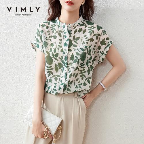 VIMLY Blouse For Women Elegant Chiffon Blouses Casual Button Short Sleeve Floral Blusas Office Lady Shirts Female Tops F7236