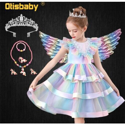 Fast Shipping Children Summer Fancy Girl Rainbow Unicorn Princess Tiered Dress Christmas Elegant Girls Tulle Dresses Crown Wing