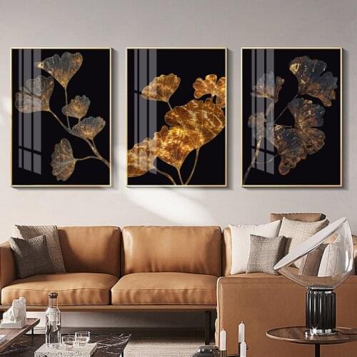 Black Golden Plant Leaf Flower Poster Print Modern Abstract Canvas Painting Wall Art Pictures Luxury Living Room Home Decor