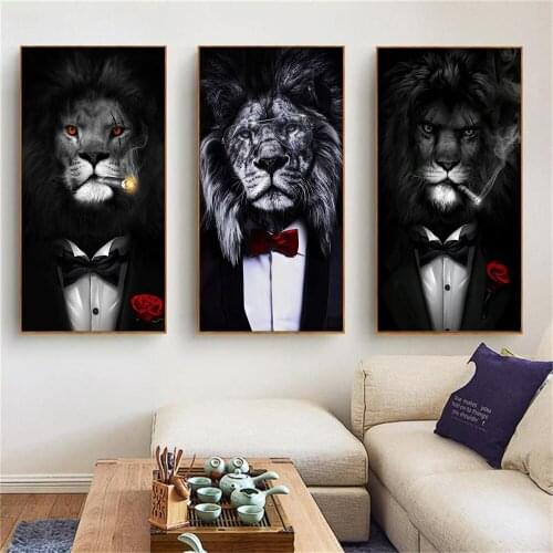 Black and White Classy Smoking Lion Poster Wall Art Picture Modern Animal Canvas Painting for Living Room Home Decor Unstretched