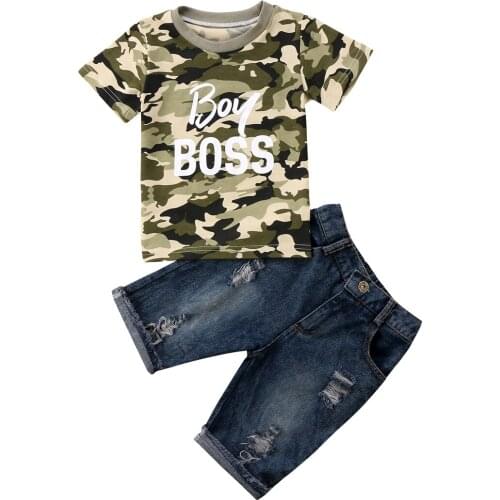 Citgeett Newborn Toddler Kid Baby Boys Short Sleeves Camo Clothes Tops Denim Blue Hollow Pants Jeans Outfits Summer Set