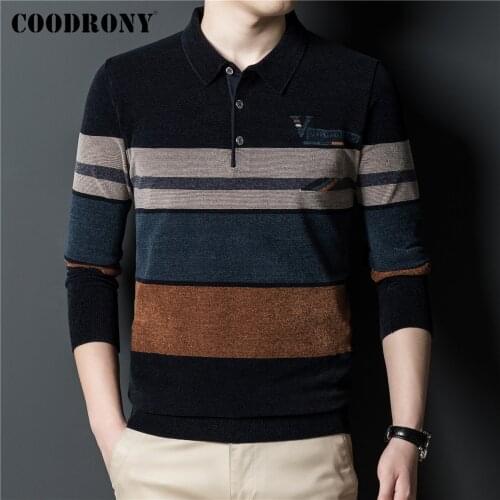 COODRONY Autumn Winter Soft Warm Knitted Chenille Sweater Men Clothing Business Casual Striped Turn-down Collar Pullovers C1376