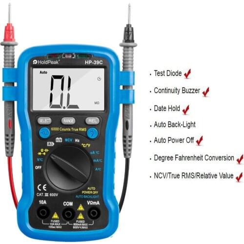 Holdpeak NCV Digital Multimeter 6000 Counts Auto Ranging AC/DC Voltage RMS Meter Testers Flash Back Light Large Screen HP-39C
