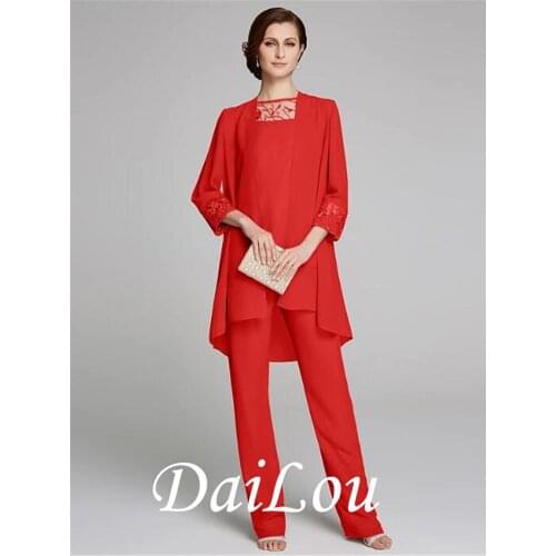 Pantsuit / Jumpsuit Mother of the Bride Dress Wrap Included Jewel Neck Floor Length Chiffon Lace 3/4 Length Sleeve 2021