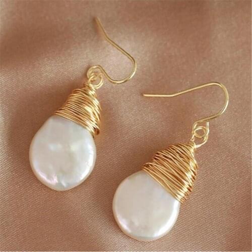 14-15mm White Baroque Pearl Earrings Gold Ear Drop Dangle Hook Hoop Luxury Accessories Classic Gift Mesmerizing Irregular