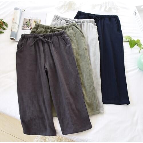 Summer Mens Sleeping Pants 100% Cotton Crepe Sleep Bottoms Solid Cropped Pants Elastic Band Sleep Shorts Loose Home Lounge Wear