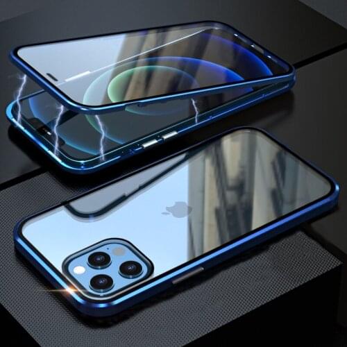Magnetic Metal Case For iPhone 12 Pro Max 12 Mini Cases Clear Double-Sided Glass Bumper Cover for iphone 11 6 7 8 Plus Xr Xs Max