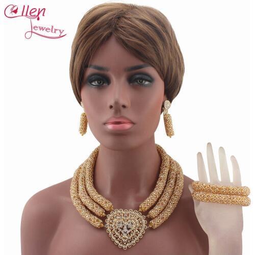 Latest Champagne Seed African Beads Jewelry Sets 3 Layers Crystal nigerian wedding beads bridal Indian Necklace Set W13387