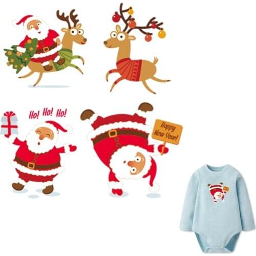 New Christmas Diy Decoration Stickers For Clothes Washable Heat Transfer Patches Cute Santa Claus Elk Applique Iron On Transfer
