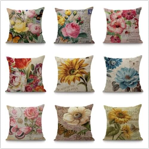 Sun Flower Retro Cushion Covers Hibiscus Flower Peony Cushion Cover For Sofa Home Decor Decorative Cotton Linen Pillow Case
