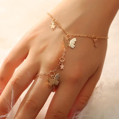 Simple Cute Butterfly Star Pendant Chain Bracelet Trendy Exquisite Connected Finger Bracelets Hand Accessories for Women Gifts