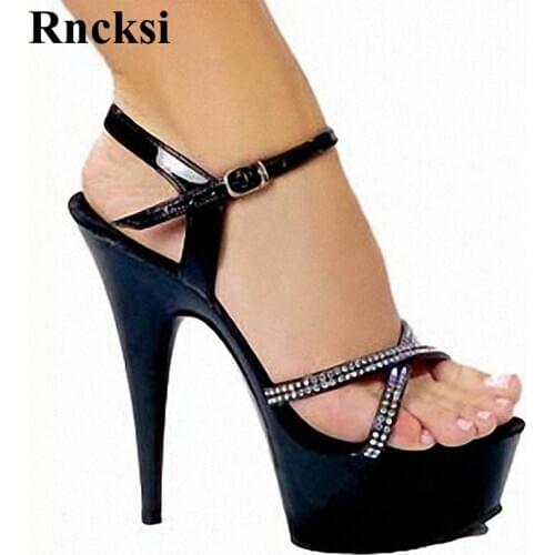 Rncksi Sexy Classic Black Woman Straps Pole Dance High Heel Party Sandals 15cm Stiletto Sandals High Heel Wedding Dance Shoes