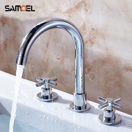 Samoel Modern Chrome Finish 3 Hole Bathroom Sink Mixers Deck Mount Brass Dual Handle Basin Faucet 1205C