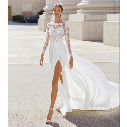 2021 Wedding Dress Chiffon Long Sleeve Side Slit High Lace Appliques With Court Train Grace Bridal Gowns For Women Custom Made