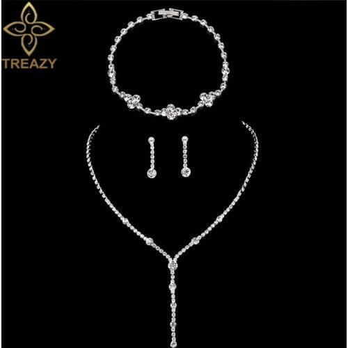 TREAZY Simple Bridesmaid Bridal Jewelry Sets Rhinestone Crystal Long Necklace Earrings Bracelet Sets for Women Wedding Jewelry