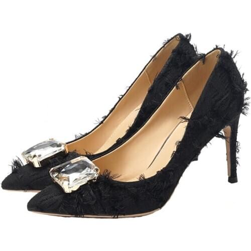 Spring Flour Fur Tassel Big Rhinestone Pumps Ladies Wedding High Heels Shoes Slip on Crystal Pointed toe Stilettos