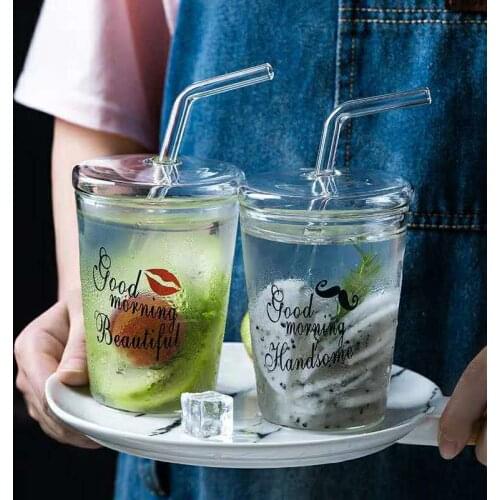 Creative glass straw mug, men and women couple water mugs,home drinking juice cup Portable mug with lid Morning cups