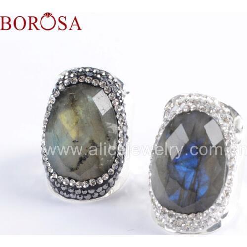 BOROSA Jewelry 6PCS Silver Color Natural Labradorite Faceted Stone Druzy Ring Crystal Paved Black/White Zircons Rings JAB945
