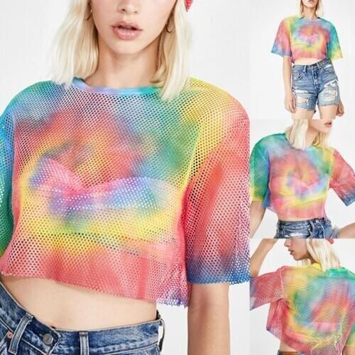 Women Summer Short Sleeve O-Neck T-Shirt Hollow Out Sheer Mesh Loose Crop Top Neon Rainbow Tie-Dye Harajuku Streetwear