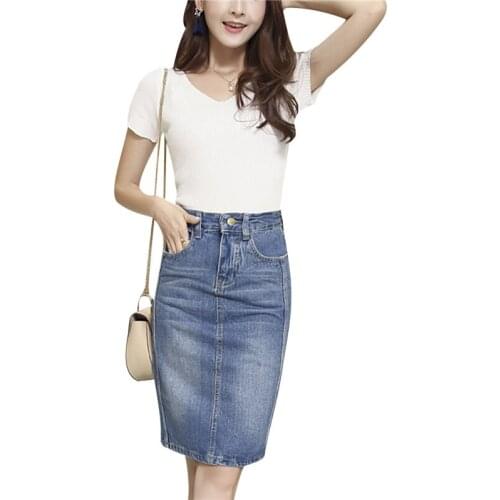 Women Midi Denim Skirt 2021 Casual High Waist Knee Length Washed Bodycon Pencil Skirt Plus Size S-4XL