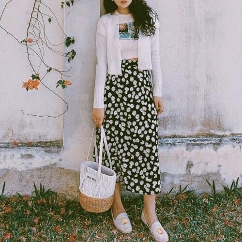 Capucines Daisy Print Skirts Womens 2020 Summer Fashion Slim Mid Calf Elegant Vacation Floral Skirts High Waist Sexy Women Skirt