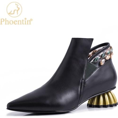 Phoentin Womens Short Chelsea Ankle Boots Autumn Winter new elegant crystal Genuine Leather black shoes plus size 43 FT1675