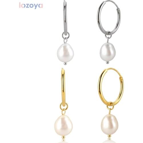 LOZOYA 925 Sterling Silver Gold Big Party Simple Circle Drop Earring Pearl Irregular Natural Women Piercing Fashion Earring