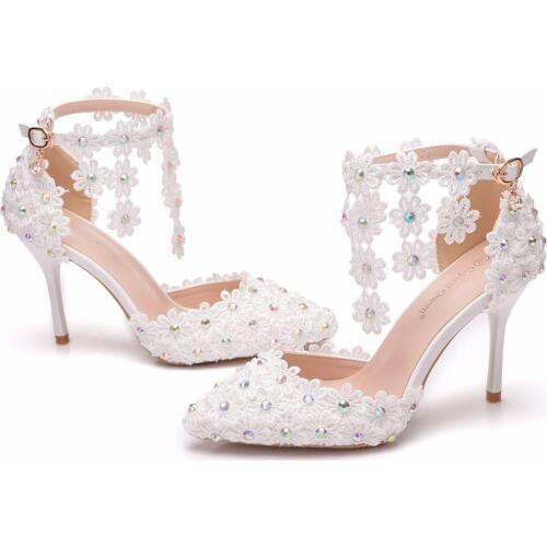 Crystal Queen Wedding Shoes Female White Drill Rhinestone Ankle Strap Sandals Stiletto Pointed Bridal Shoes High Heels