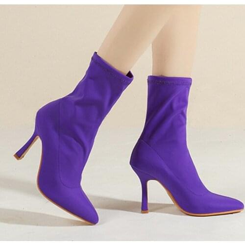 Womens Winter Boots Thin High Heel Solid Pointed Toe Slip-On Ladies Ankle Boot Sexy Fashion Female Socks Boots Woman Pumps New