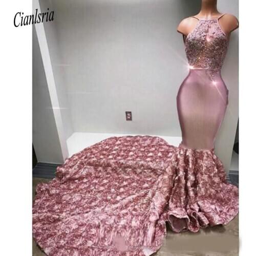 Cascading Ruffles Rose Pink Long Prom Dresses Halter Sexy Back Rose Flower Sweep Train Appliques Mermaid Evening Dresses