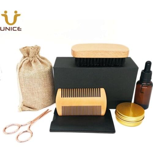100pcs Your Private Label Customized 7 in 1 Men Beard Care Suit Wood Combs Beard Brush Beard Balm Oil Scissors for Amazon Ebay