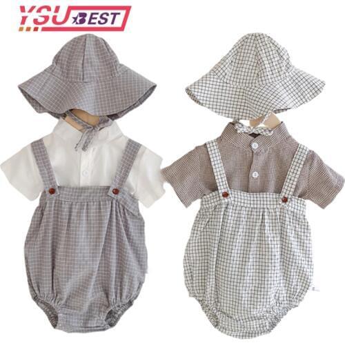 Summer Twin Boy Suit 2020 Cotton Plaid Strap + Sun Hat + Short Sleeve Shirt Baby Girl Clothes New Born Baby Girl Clothes 3Pcs