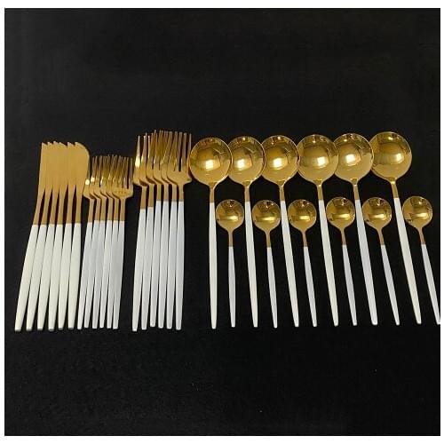 30Pcs White Gold Flatware Cutlery Set Stainless Steel Dinnerware Set Dinner Knife Dessert Fork Spoon Kitchen Tableware Set