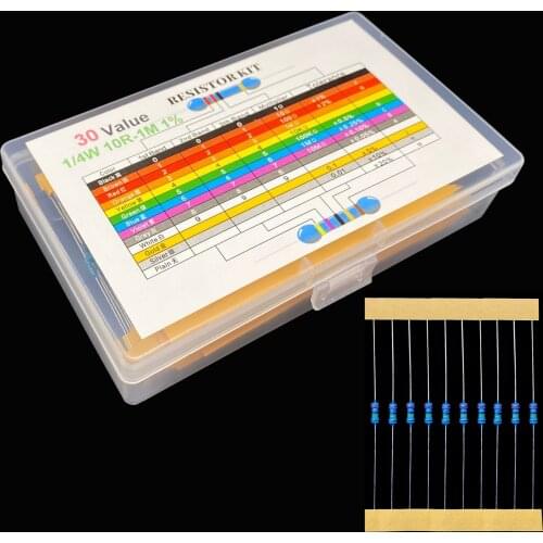 30values=300pcs 600pcs 1/4W 0.25W 1% Metal Film Resistor Assortment Kit Set pack electronic diy kit (10R~1M)