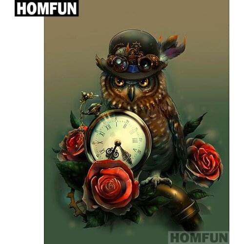 HOMFUN Full Square/Round Drill 5D DIY Diamond Painting "Owl rose clock" Embroidery Cross Stitch 5D Home Decor Gift A01257