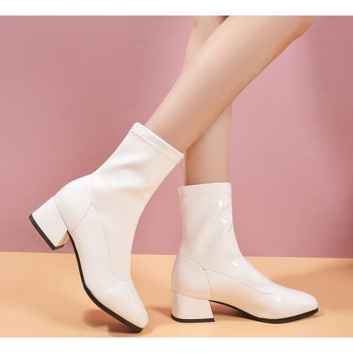 2020 Women Boots Autumn New Black White Ankle Boots Fashion Square Toe Ankle Boots Comfortable Low Heel Ladies Shoes boots Beige