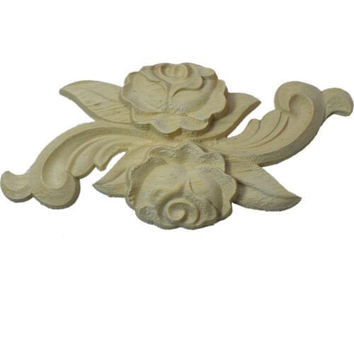 Wooden Rose Flower Practical Rubber Wood Carved Onlay Applique Unpainted Furniture for Home Door Cabinet Decoration