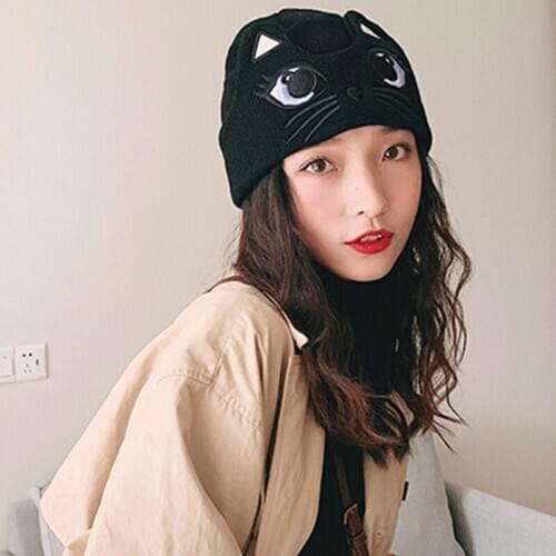 Women Winter Warm Knit Cuffed Beanie Hat Big Eyes Cat Embroidery Snow Cute Skull Cap 2020 New