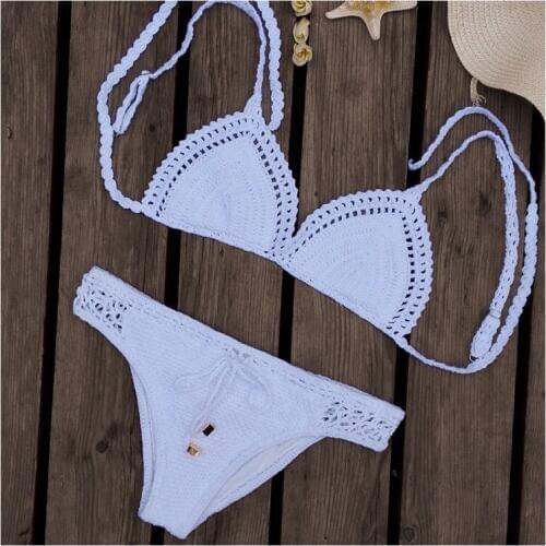 Handmade Crocheted Sexy Bikini sets 100%Cotton Hollow Trilateral Bathing Suits Adjustable Beachwear
